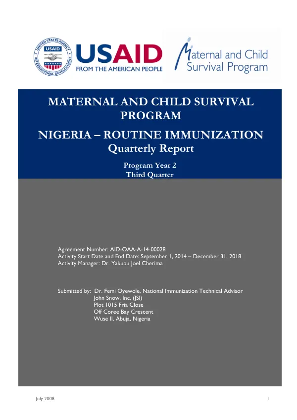 Maternal and Child Survival Program Nigeria - Routine Immunization Quarterly Report Program Year 2 Third Quarter