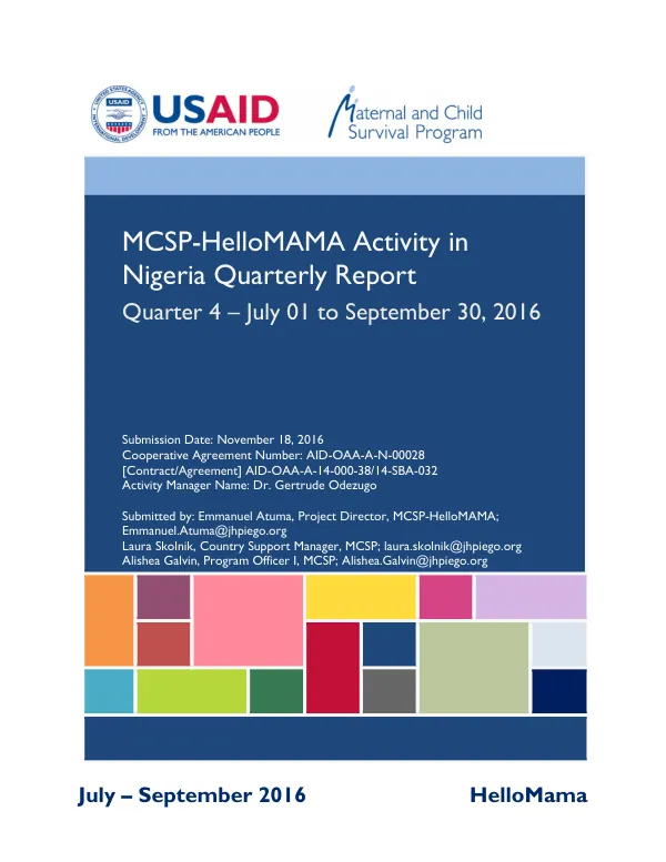 MCSP-HelloMAMA Activity in Nigeria Quarterly Report Quarter 4 – July 01 to September 30, 2016