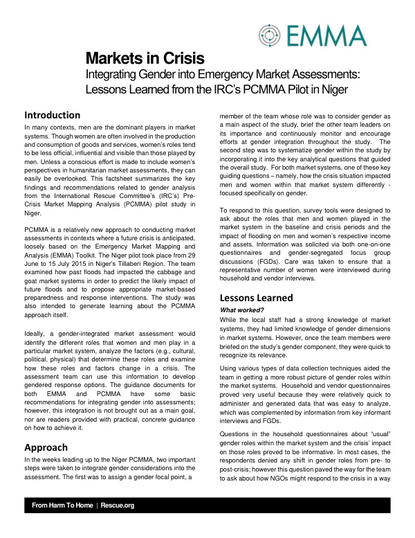 Integrating Gender into Emergency Market Assessments: Lessons Learned from the IRC’s PCMMA Pilot in Niger