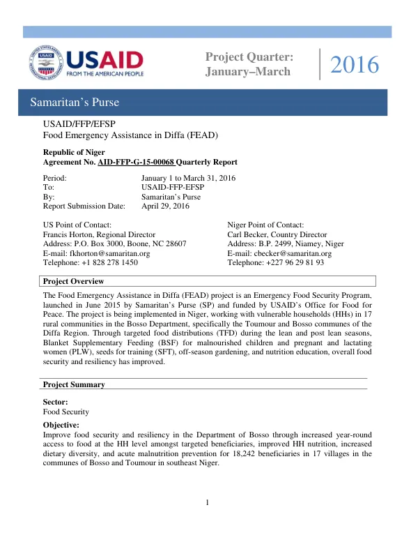 Quarterly Report: Food Emergency Assistance in Diffa (FEAD) Project in Niger