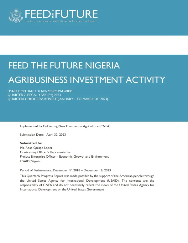 Quarterly Progress Report: FEED THE FUTURE NIGERIA AGRIBUSINESS INVESTMENT ACTIVITY
