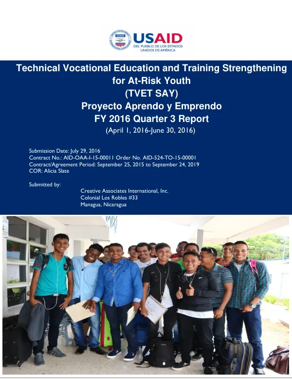 Technical Vocational Education and Training Strengthening for At-Risk Youth (TVET SAY) FY 2016 Quarter 3 Report