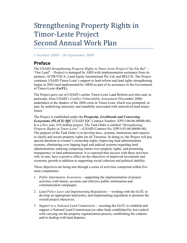 Strengthening property rights in Timor-Leste project : second annual work plan 1 October 2008-30 September 2009