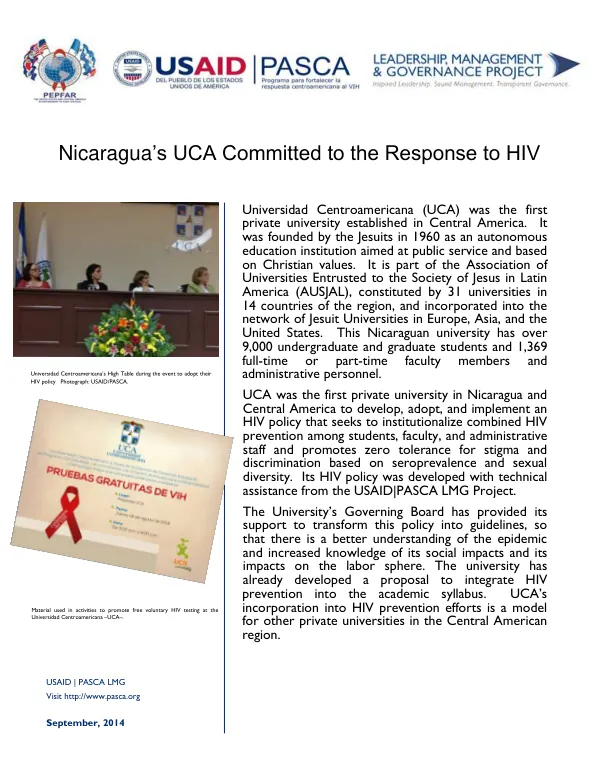 USAID|PASCA LMG Nicaragua: Universidad Centroamericana (UCA) Committed to the Response to HIV
