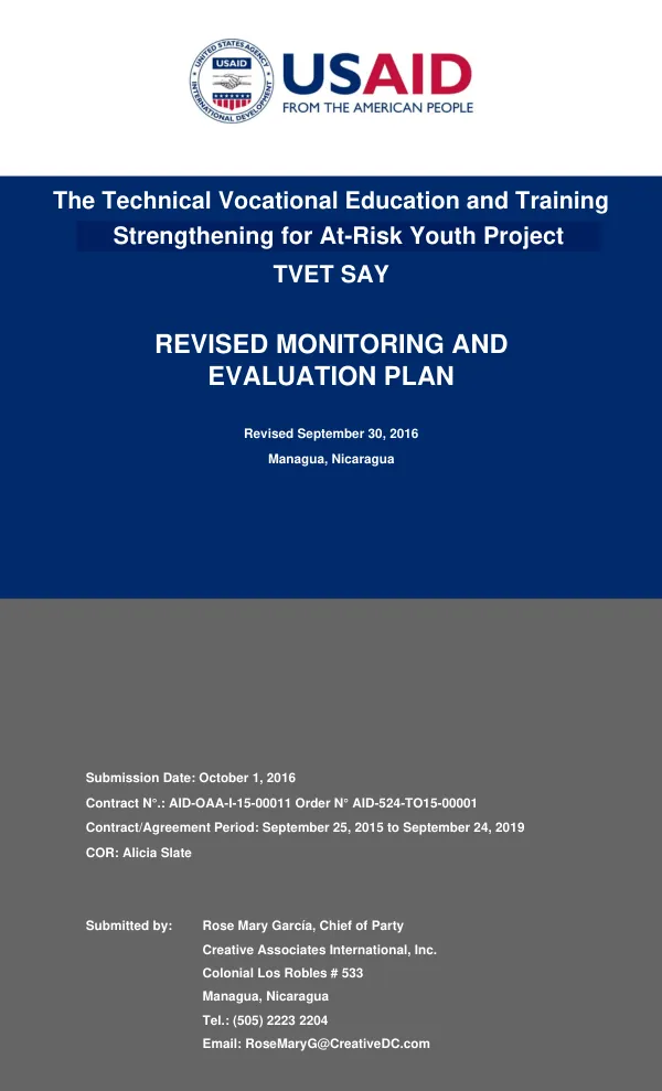 Monitoring and Evaluation Plan for the Technical Vocational Education and Training Strengthening for At-Risk Youth Project (TVET SAY)