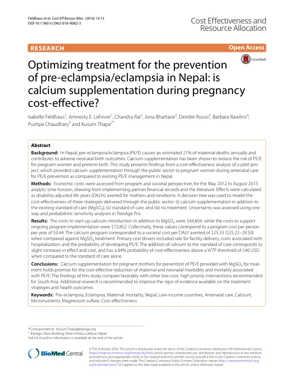 Optimizing treatment for the prevention of pre-eclampsia/eclampsia in Nepal: is calcium supplementation during pregnancy cost-effective?