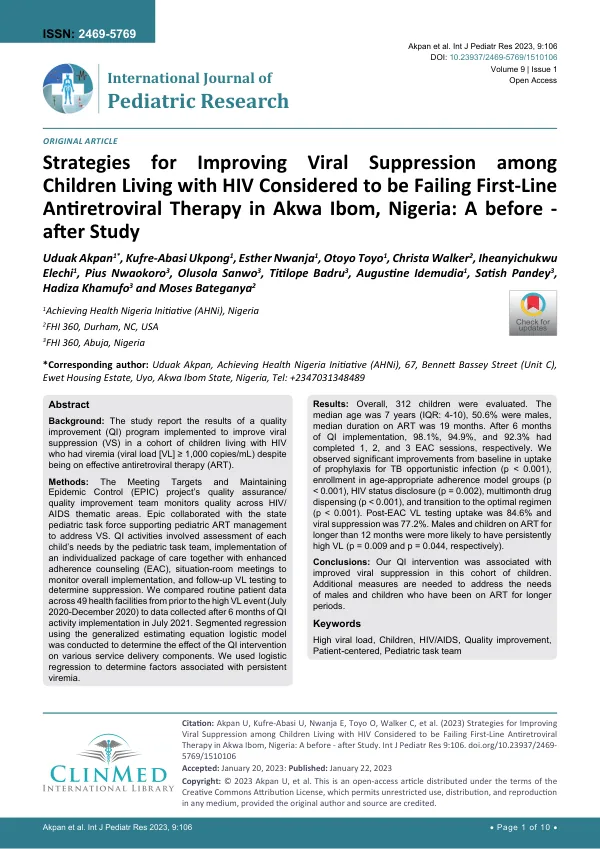 Strategies for Improving Viral Suppression among Children Living with HIV Considered to be Failing First-Line Antiretroviral Therapy in Akwa Ibom, Nigeria: A before - after Study
