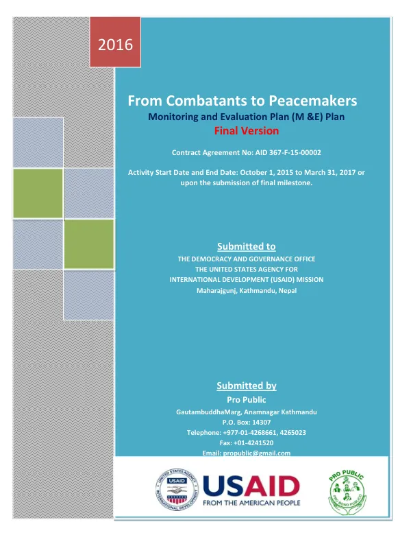 From Combatants to Peacemakers Monitoring and Evaluation Plan (M &E) Plan Final Version