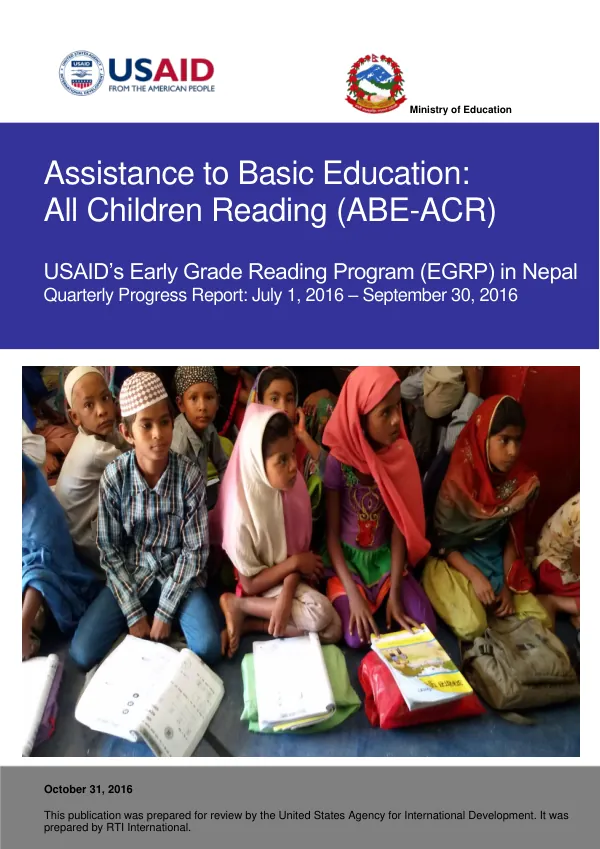 USAID's Early Grade Reading Program in Nepal, Quarterly Progress Report, July - September 2016
