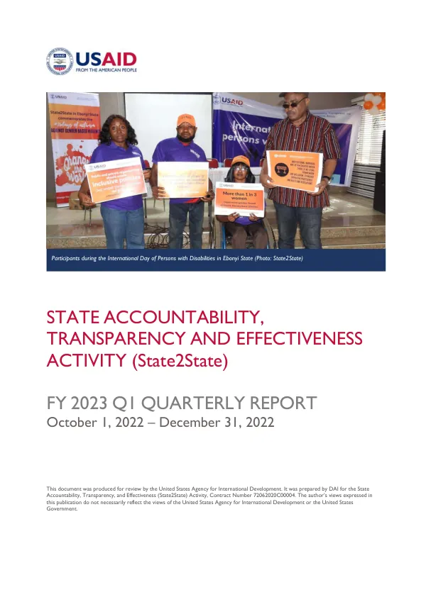 State Accountability, Transparency and Effectiveness Activity (State2State) FY 2023 Q1 Quarterly Report