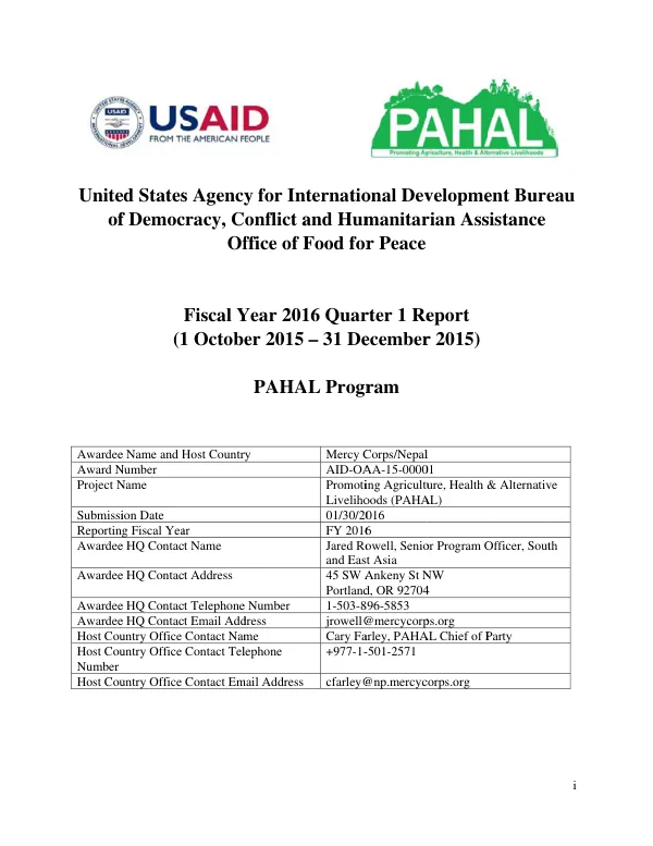 Promoting Agriculture, Health and Alternative Livelihoods (PAHAL) Program Annual Report FY 2015