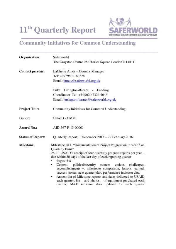 11th Quarterly Report: Community Initiatives for Common Understanding