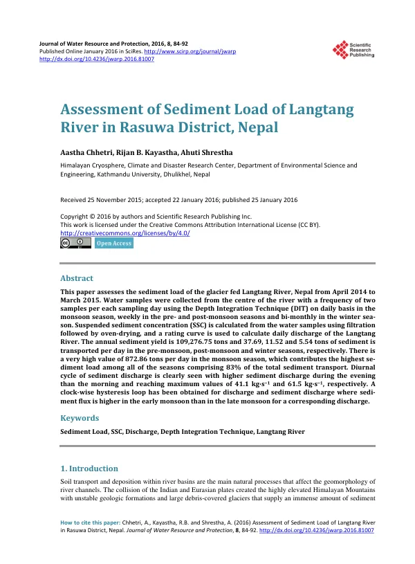 Assessment of Sediment Load of Langtang River in Rasuwa District, Nepal