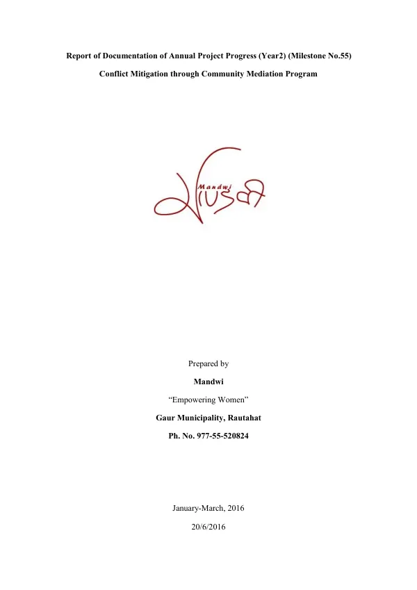 Report of Documentation of Annual Project Progress (Year2) (Milestone No.55) Conflict Mitigation through Community Mediation Program