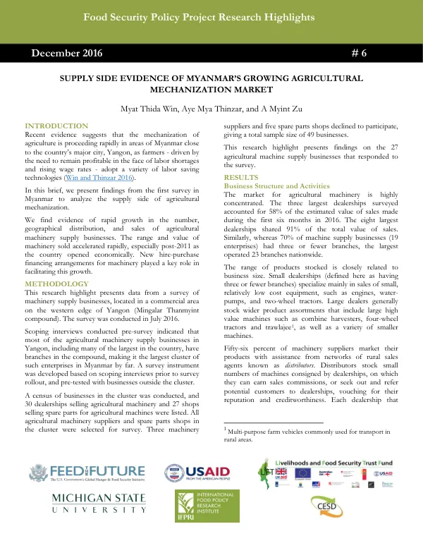 Final Report: Supply Side Evidence of Myanmar’s Growing Mechanization
