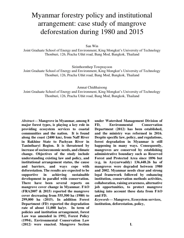 Myanmar Forestry Policy and Institutional Arrangement: Case Study of Mangrove Deforestation during 1980 and 2015