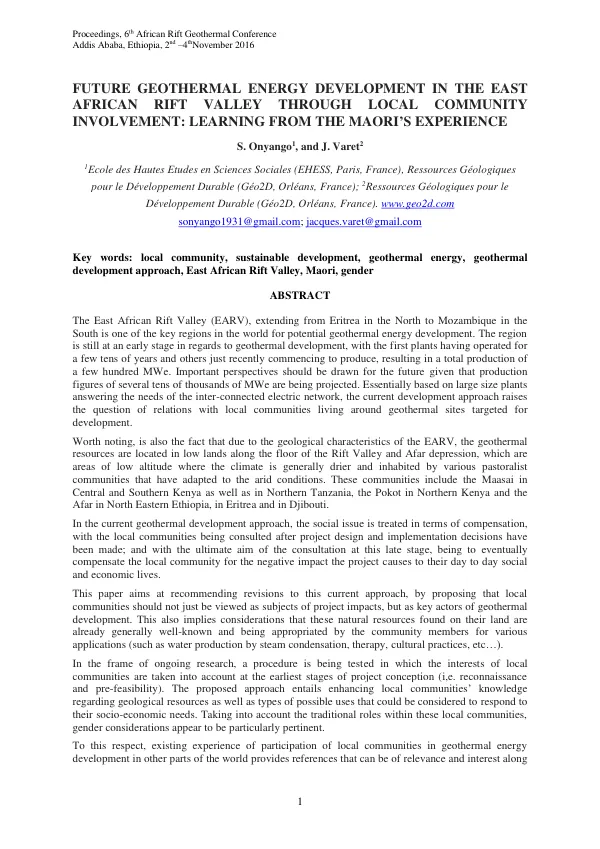 FUTURE GEOTHERMAL ENERGY DEVELOPMENT IN THE EAST AFRICAN RIFT VALLEY THROUGH LOCAL COMMUNITY INVOLVEMENT: LEARNING FROM THE MAORI'S EXPERIENCE