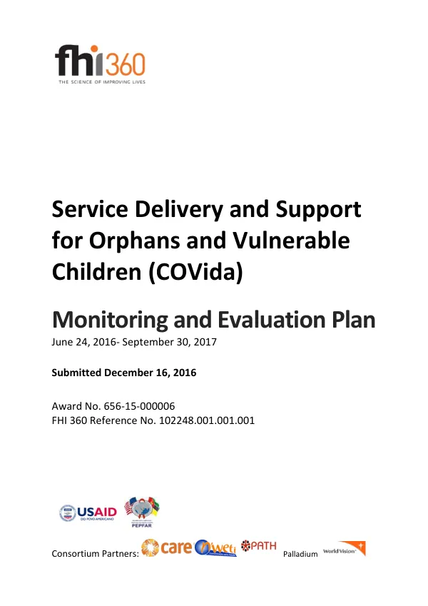 Monitoring and Evaluation Plan for Service Delivery and Support for Orphans and Vulnerable Children (COVida)