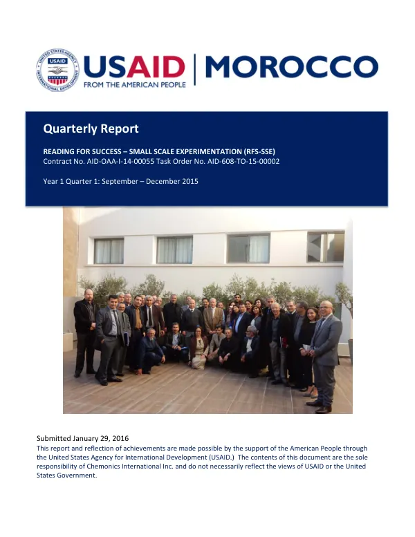 Quarterly Report: Reading for Success – Small Scale Experimentation (RFS-SSE) Project in Morocco