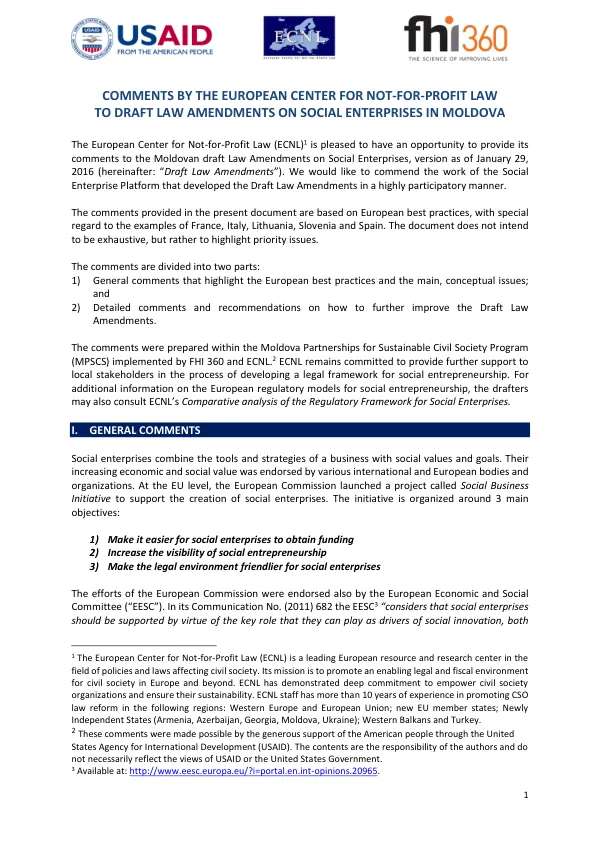 Comments by the European Center for Not-for-Profit Law to Draft Law Amendments on Social Enterprises in Moldova