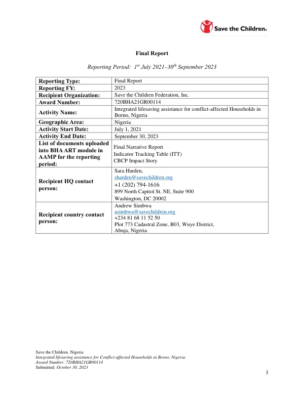Final Report: Integrated lifesaving assistance for Conflict-affected Households in Borno, Nigeria