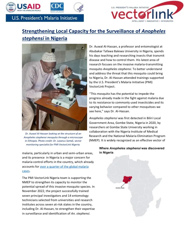 Strengthening Local Capacity for the Surveillance of Anopheles stephensi in Nigeria