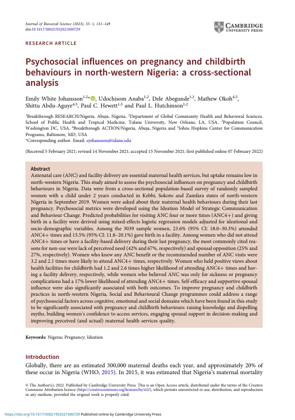 Psychosocial influences on pregnancy and childbirth behaviours in north-western Nigeria: a cross-sectional analysis