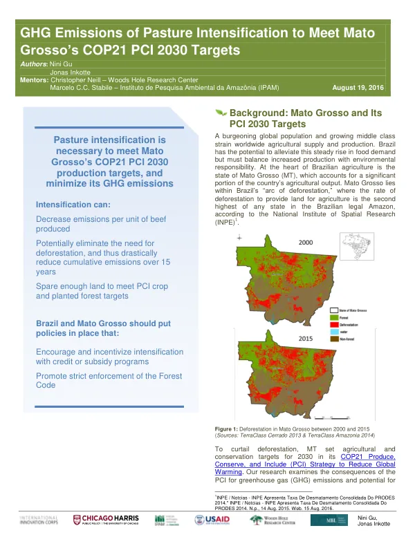 Final Report: GHG Emissions of Pasture Intensification to Meet Mato Grosso’s COP21 PCI 2030 Targets