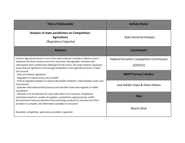 Analysis of state jurisdiction on Competition: Agriculture (Regulatory Capacity)