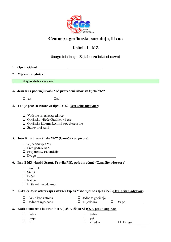 Upitnik 1 - MZ: Snaga lokalnog – Zajedno za lokalni razvoj
