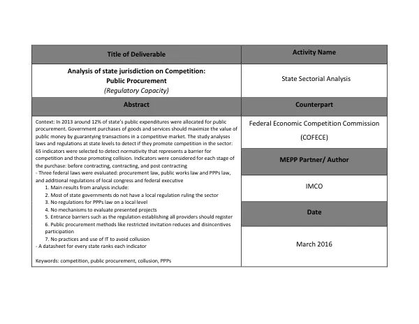 Analysis of state jurisdiction on Competition: Public Procurement (Regulatory Capacity) State Sectorial Analysis