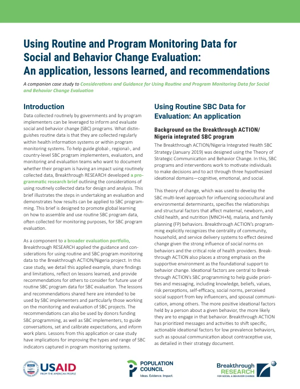 Using routine and program monitoring data for social and behavior change evaluation: An application, lessons learned, and recommendations