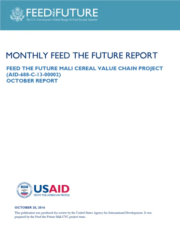 Feed the Future Mali Cereal Value Chain Monthly Report