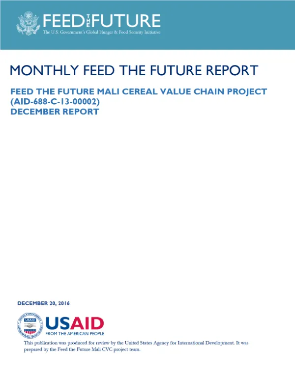 Feed the Future Mali Cereal Value Chain Monthly Report
