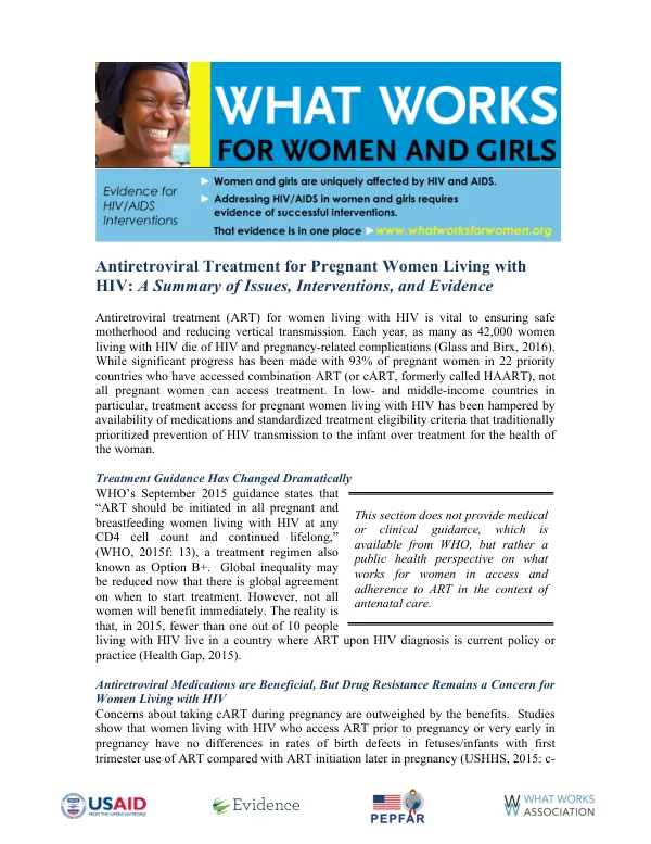 Antiretroviral Treatment for Pregnant Women Living with HIV: A Summary of Issues, Interventions, and Evidence