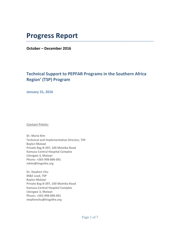 Progress Report: Technical Support to PEPFAR Programs in the Southern Africa Region’ (TSP) Program