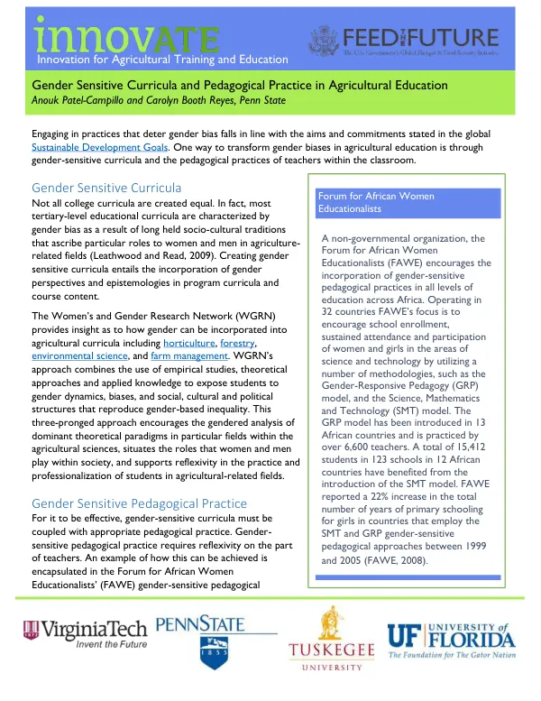Innovation for Agricultural Training and Education: Gender Sensitive Curricula and Pedagogical Practice in Agricultural Education