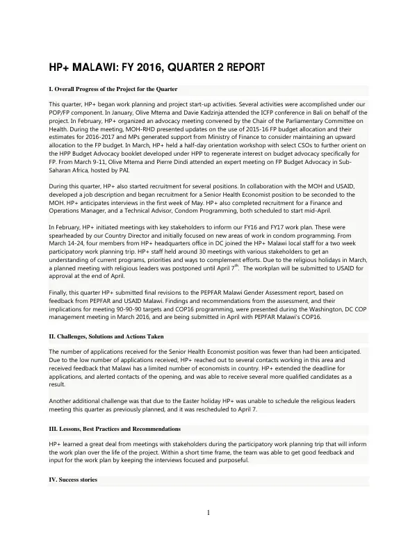 HP+ MALAWI: FY 2016, QUARTER 2 REPORT