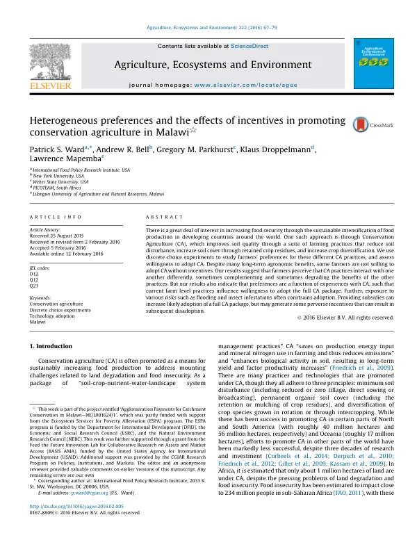 Heterogeneous preferences and the effects of incentives in promoting conservation agriculture in Malawi