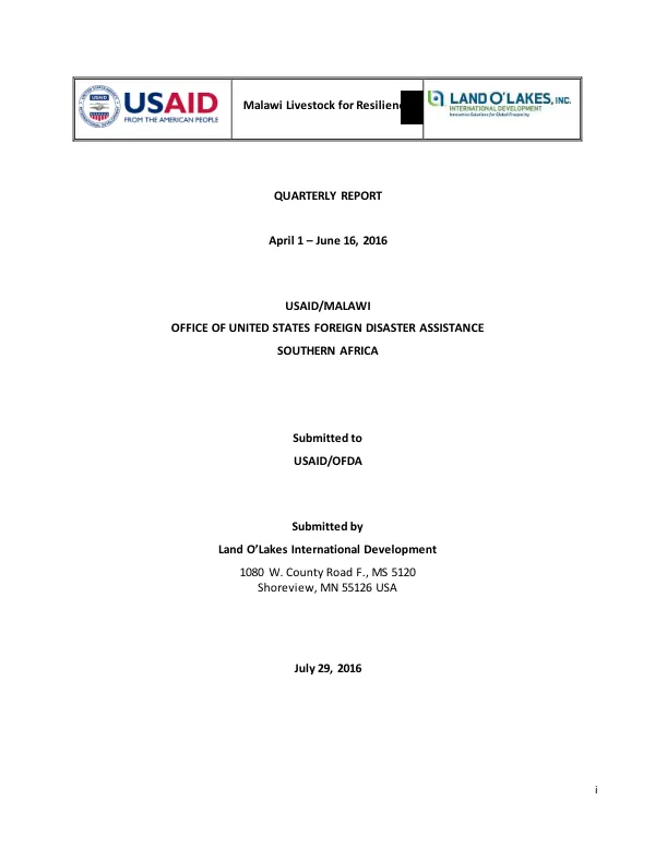Malawi Livestock for Resilience Quarterly Report April 1 – June 16, 2016