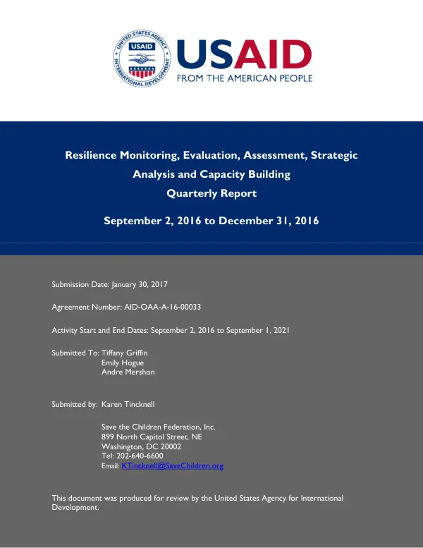 Resilience Monitoring, Evaluation, Assessment, Strategic Analysis and Capacity Building Quarterly Report: September 2, 2016 to December 31, 2016