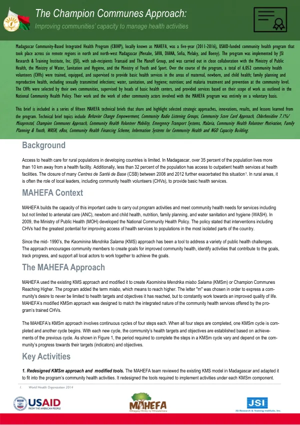 The Champion Communes Approach: Improving communities’ capacity to manage health activities