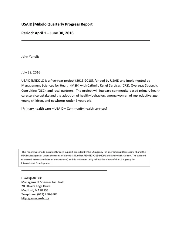 USAID|MIKOLO Quarterly Progress Report