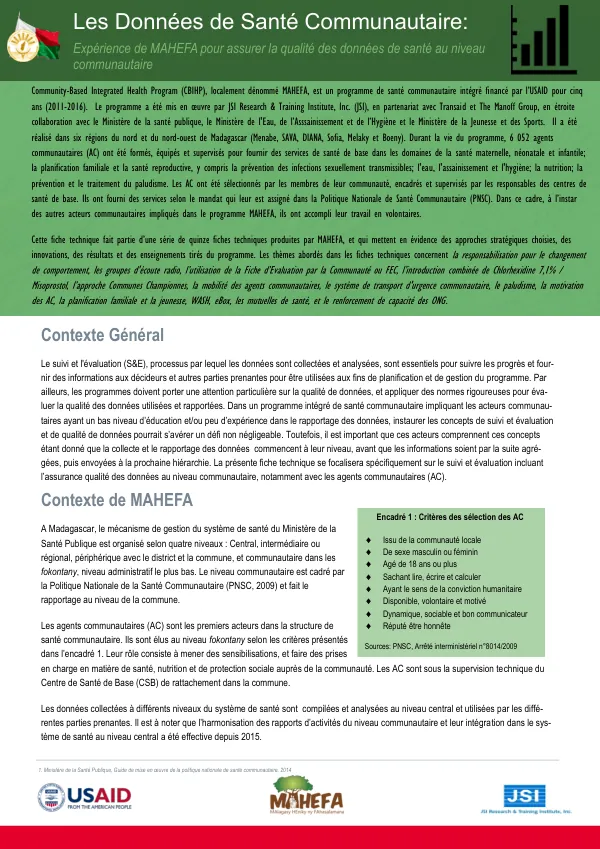 Les Données de Santé Communautaire: Expérience de MAHEFA pour assurer la qualité des données de santé au niveau communautaire