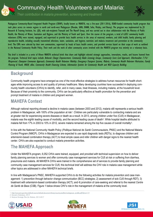 Community Health Volunteers and Malaria: Their contribution in malaria prevention, screening and treatment