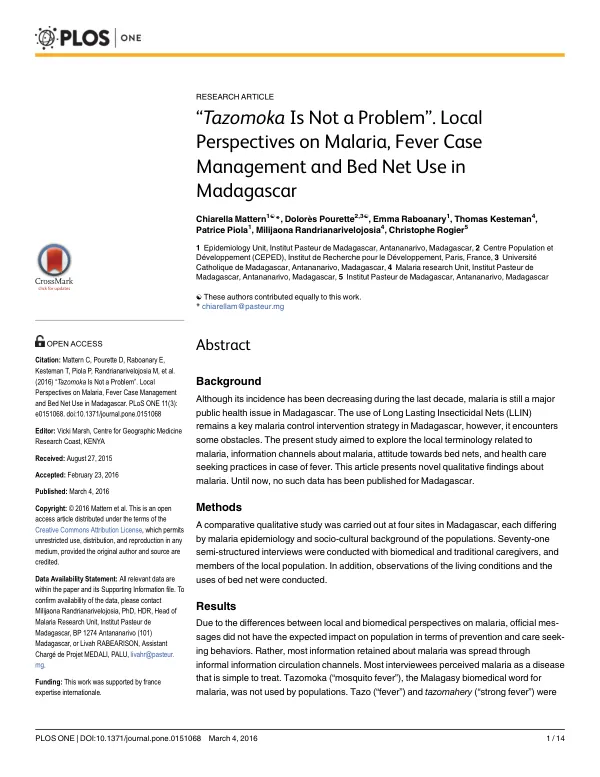 Local Perspectives on Malaria, Fever Case Management and Bed Net Use in Madagascar