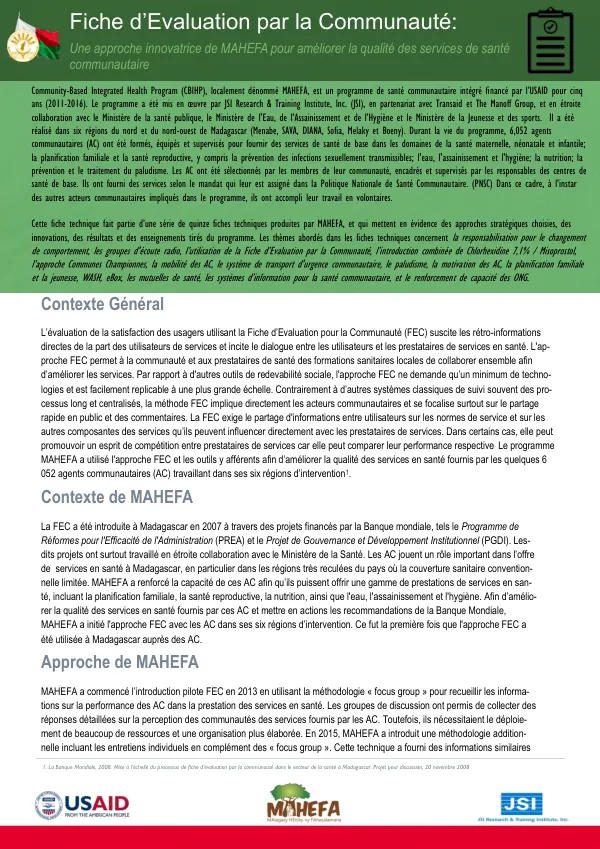 Fiche d’Evaluation par la Communauté: Une approche innovatrice de MAHEFA pour améliorer la qualité des services de santé communautaire