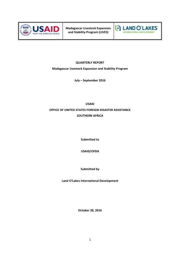Madagascar Livestock Expansion and Stability Program (LIVES) Quarterly Report