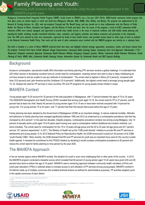 Increasing youth access to family planning services using the pair-mentoring approach in the MAHEFA program areas