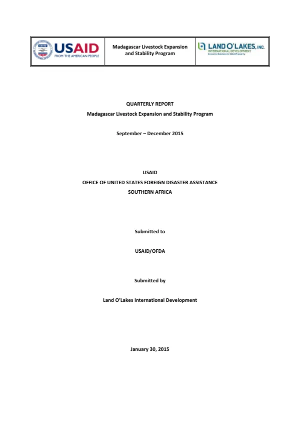 Madagascar Livestock Expansion and Stability Program Quarterly Report FY16-Q1